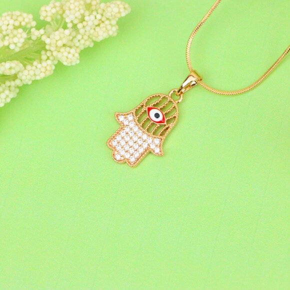 "Rose Gold Hamsa Hand Pendant with Evil Eye and Sparkling Stones, XPPT1386 - Picture 13 of 13